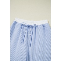 Sky Blue Stripe Wide Leg Buttoned Lace up Elastic High Waist Pants - XL thumbnail