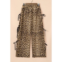 Brown Leopard Print Bow Tie Drawstring Elastic Waist Loose High Waist Pants - L thumbnail