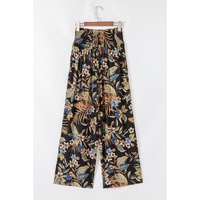 Multicolour Floral Shirred High Waist Wide Leg Pants with Tie - L thumbnail