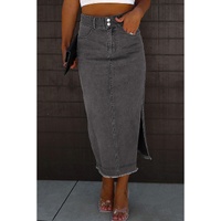 Black Raw Edge Side Slits Buttoned Midi Denim Skirt - L thumbnail
