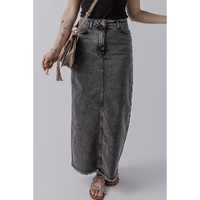 Dark Grey Denim Raw Hem Back Split High Waist Long Skirt - L thumbnail