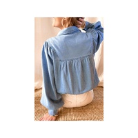 Azura Exchange V-shape Stitching Puff Sleeve Denim Shirt - L thumbnail