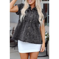 Black Short Sleeve Flap Pocket Button Up Raw Hem Denim Shirt - S thumbnail