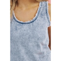 Beau Blue Mineral Wash Denim Frayed U Neck Sleeveless Top - S thumbnail