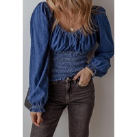 Dark Blue Smocked Ruffled Puff Sleeve V Neck Denim Blouse - L thumbnail