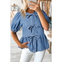 Dusk Blue Tied Front Bubble Sleeve Peplum Denim Shirt - S thumbnail