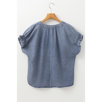 Dusk Blue V Neck Ruffled Short Puff Sleeve Denim Top - XL thumbnail