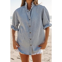 Beau Blue Ruffle Short Puff Sleeve Summer Chambray Shirt - M thumbnail