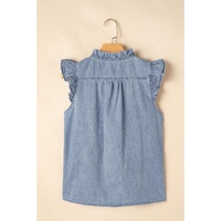 Beau Blue Frilly Ruffle Trim V Neck Chambray Tank Top - L thumbnail