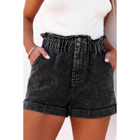 Black Vintage Washed Frilled High Waist Denim Shorts - 16 US thumbnail