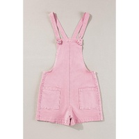 Pink Solid Color Knot Straps Denim Romper with Pockets - M thumbnail