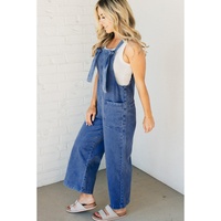 Prussian Blue Mineral Wash Knotted Strap Patched Pocket Wide Leg Denim Overalls - XL thumbnail