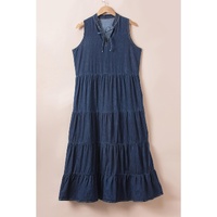Real Teal Sleeveless Tiered Chambray Maxi Dress - S thumbnail