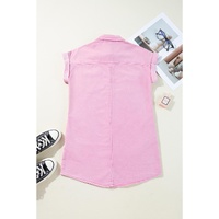 Pink Short Sleeve Double Chest Pocket Denim Shirt Dress - M thumbnail