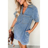 Beau Blue Short Sleeve Collared Patched Pocket Denim Mini Dress - S thumbnail