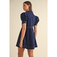 Dirty blue Zipped up Bodice Collared Short Puff Sleeve Denim Dress - S thumbnail