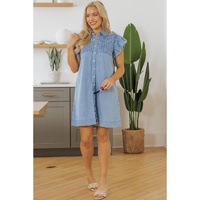Beau Blue Flutter Sleeve Shirred Detail Button Up Denim Mini Dress - S thumbnail