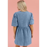 Dusk Blue Bowknot Bubble Sleeve Short Denim Dress - L thumbnail