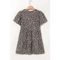 Brown Denim Leopard Printed Short Puff Sleeve Mini Dress - XL thumbnail