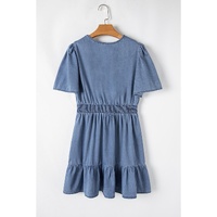 Ashleigh Blue Ruffled V Neck Smocked High Waist Denim Mini Dress - S thumbnail