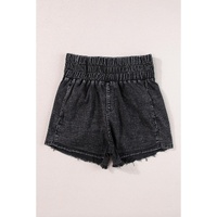 Black Smocked High Waist Mineral Washed Jean Shorts - 8 US thumbnail