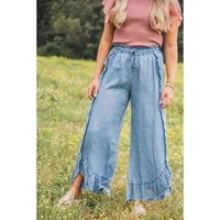 Myosotis Light Wash Raw Hem Ruffled Wide Leg Jeans - 10 US thumbnail