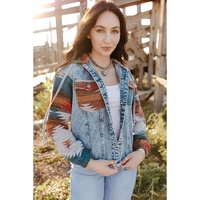 Azura Exchange Multicolor Aztec Print Frayed Hem Denim Jacket - M thumbnail