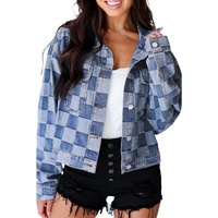 Light Blue Checkered Patchwork Button up Denim Jacket - L thumbnail