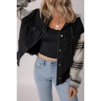 Black Plaid Sleeve Frayed Hem Hooded Denim Jacket - M thumbnail