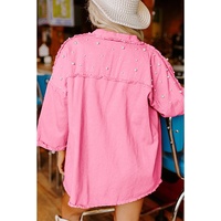 Bonbon Pearl Beaded Raw Hem Button Up Denim Jacket - L thumbnail