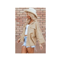 Khaki Pearl Beaded Raw Hem Button Up Denim Jacket - M thumbnail