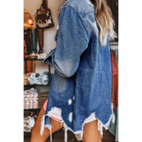 Sky Blue Light Wash Distressed Frayed Long Denim Jacket - S thumbnail