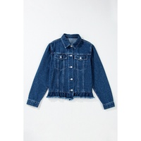 Navy Blue Ruffle Raw Hem Flap Pockets Denim Jacket - S thumbnail