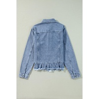 Beau Blue Ruffle Raw Hem Flap Pockets Denim Jacket - 2XL thumbnail