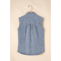 Beau Blue Denim Flap Pocket Curved Hem Shirt Vest - S thumbnail