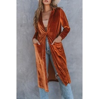 Brown Retro Velvet Long Sleeve Pocket Coat - S thumbnail