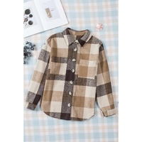 Khaki Plaid Color Block Buttoned Long Sleeve Jacket with Pocket - 2XL thumbnail