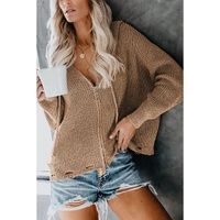 Khaki Zipper V-neck Dropped Sleeve Hooded Solid Sweater - M thumbnail