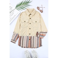 Button Up Pockets Striped Color Block Corduroy Jacket - M thumbnail