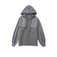 Gray Flap Pocket Drawstring Hood Zip Up Jacket - M thumbnail