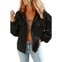 Black Flap Pocket Drawstring Hood Zip Up Jacket - S thumbnail