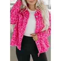 Pink Leopard Print Button Cuffs Raw Hem Jacket - L thumbnail