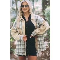 Khaki Distressed Raw Edge Plaid Patchwork Denim Jacket - L thumbnail
