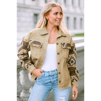 Khaki Aztec Print Patchwork Frayed Edge Corduroy Jacket - XL thumbnail