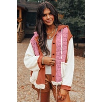Coral Quilted Textured Patchwork Loose Fit Hooded Jacket - S thumbnail