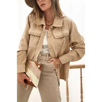 Light French Beige Solid Frilled Flap Pocket Button Up Corduroy Shacket - L thumbnail
