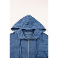 Real Teal Corduroy Drawstring Hooded Pocket Zip Up Jacket - S thumbnail