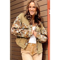 Khaki Waffle Knit Floral Print Patchwork Button up Jacket - L thumbnail
