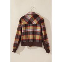 Brown Plaid Print Chest Pockets Button Zipper Stand Neck Jacket - L thumbnail