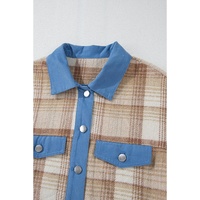 Light French Beige Plaid Patchwork Flap Detail Button Up Shacket - L thumbnail